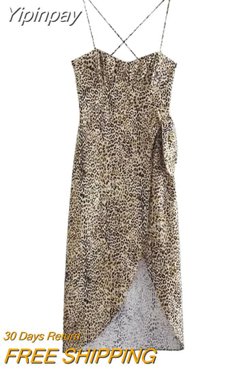 Yipinpay 2023 Leopard Print Corset Dress Woman Knot Slip Long Dress Women Summer Backless Sexy Midi Dresses Elegant Party Dresses
